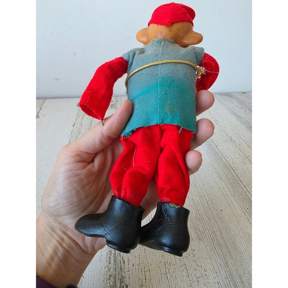 Antique vintage elf jointed felt figuring rubber face Xmas decor